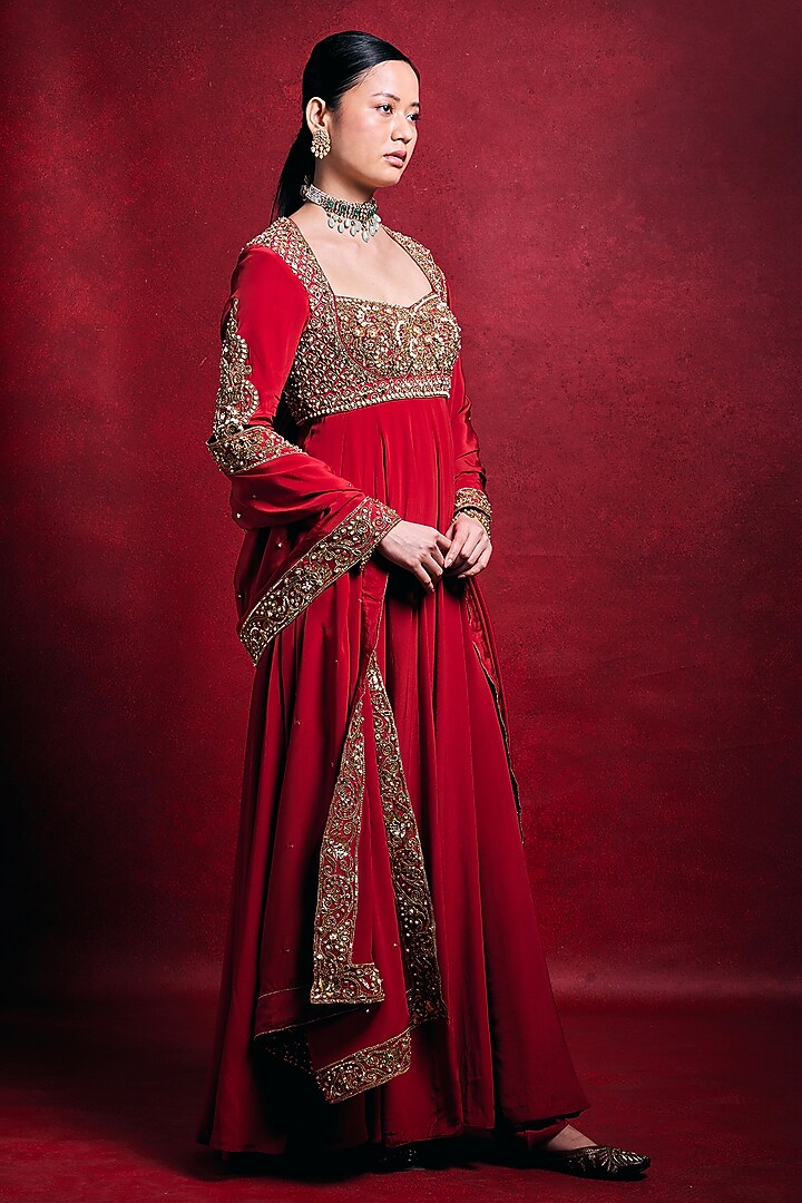 Red Crepe Gota Work Bridal Anarkali Set by Tamanna Punjabi Kapoor at Pernia's Pop Up Shop