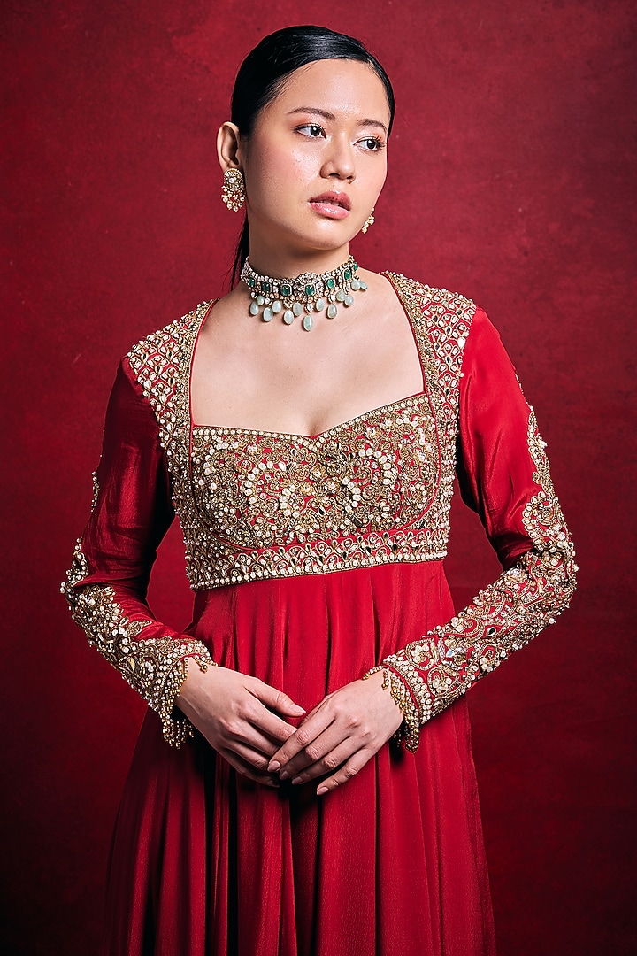 Red Crepe Gota Work Bridal Anarkali Set by Tamanna Punjabi Kapoor at Pernia's Pop Up Shop