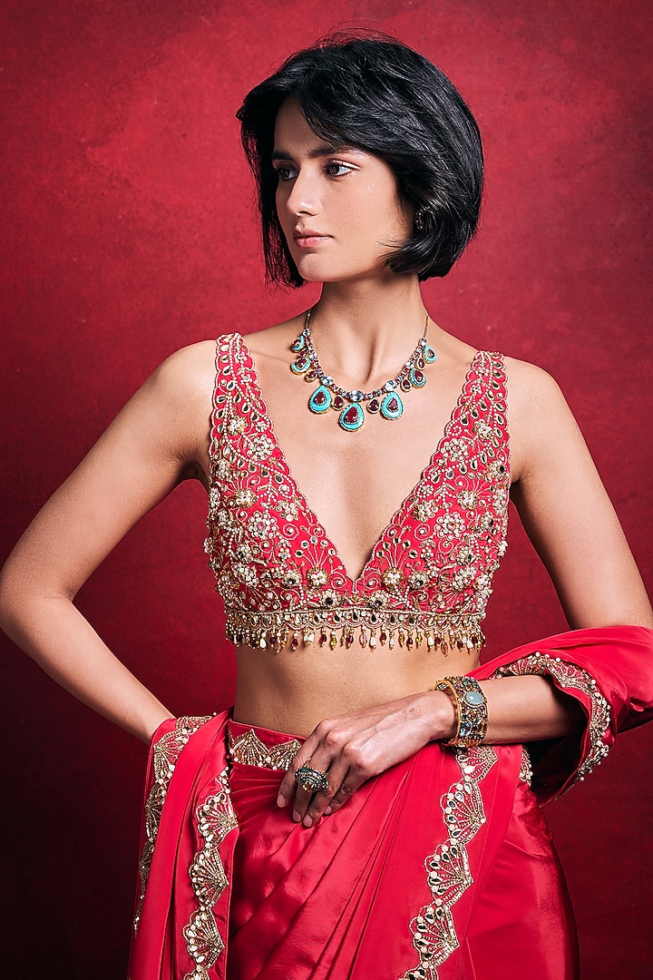 Fuchsia Pink Crepe Zari Embroidered Reception Saree Set by Tamanna Punjabi Kapoor at Pernia's Pop Up Shop