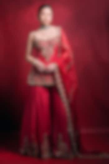 Red Raw Silk Zari Embroidered Bridal Sharara Set by Tamanna Punjabi Kapoor at Pernia's Pop Up Shop