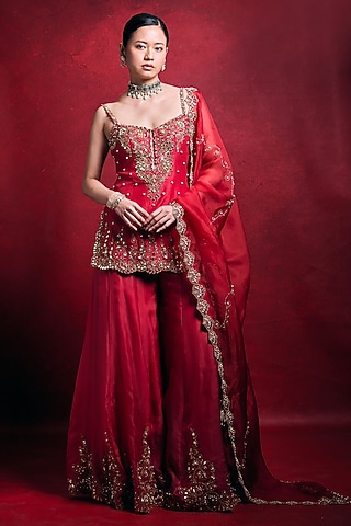 Red Raw Silk Zari Embroidered Sharara Set by Tamanna Punjabi Kapoor