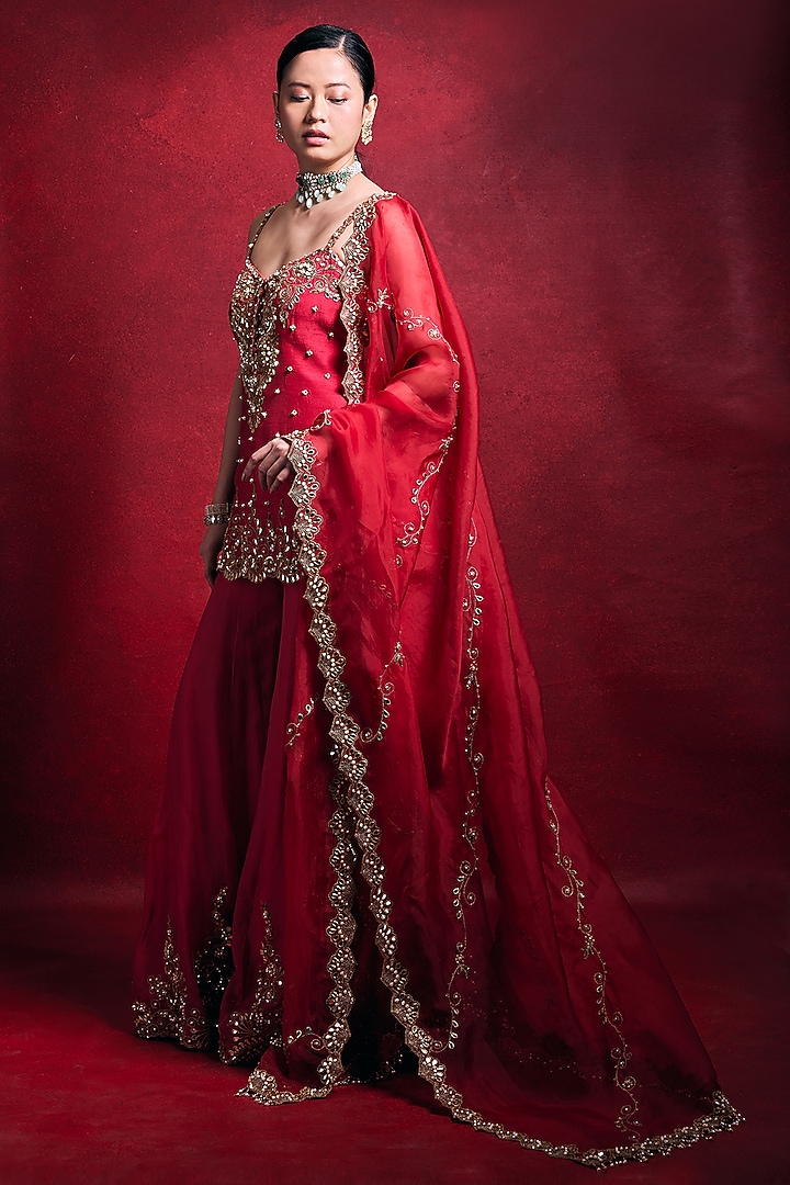 Red Raw Silk Zari Embroidered Bridal Sharara Set by Tamanna Punjabi Kapoor at Pernia's Pop Up Shop