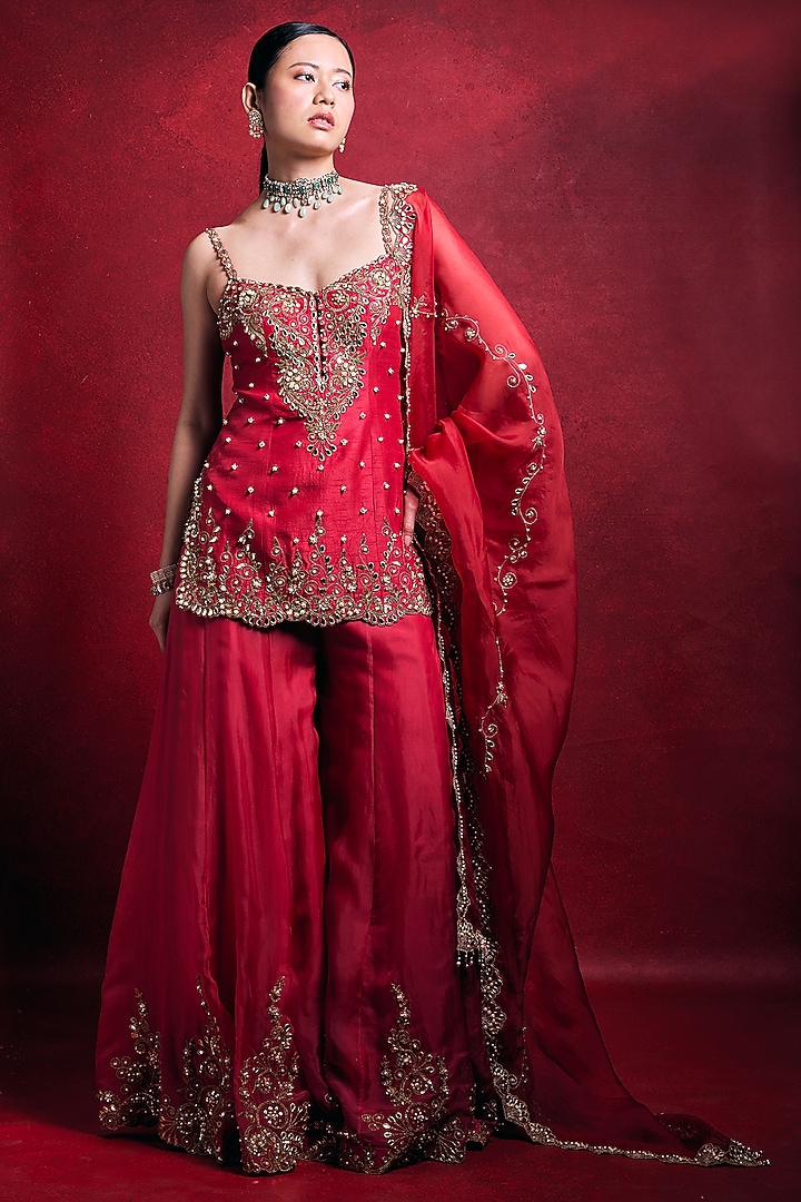 Red Raw Silk Zari Embroidered Bridal Sharara Set by Tamanna Punjabi Kapoor at Pernia's Pop Up Shop