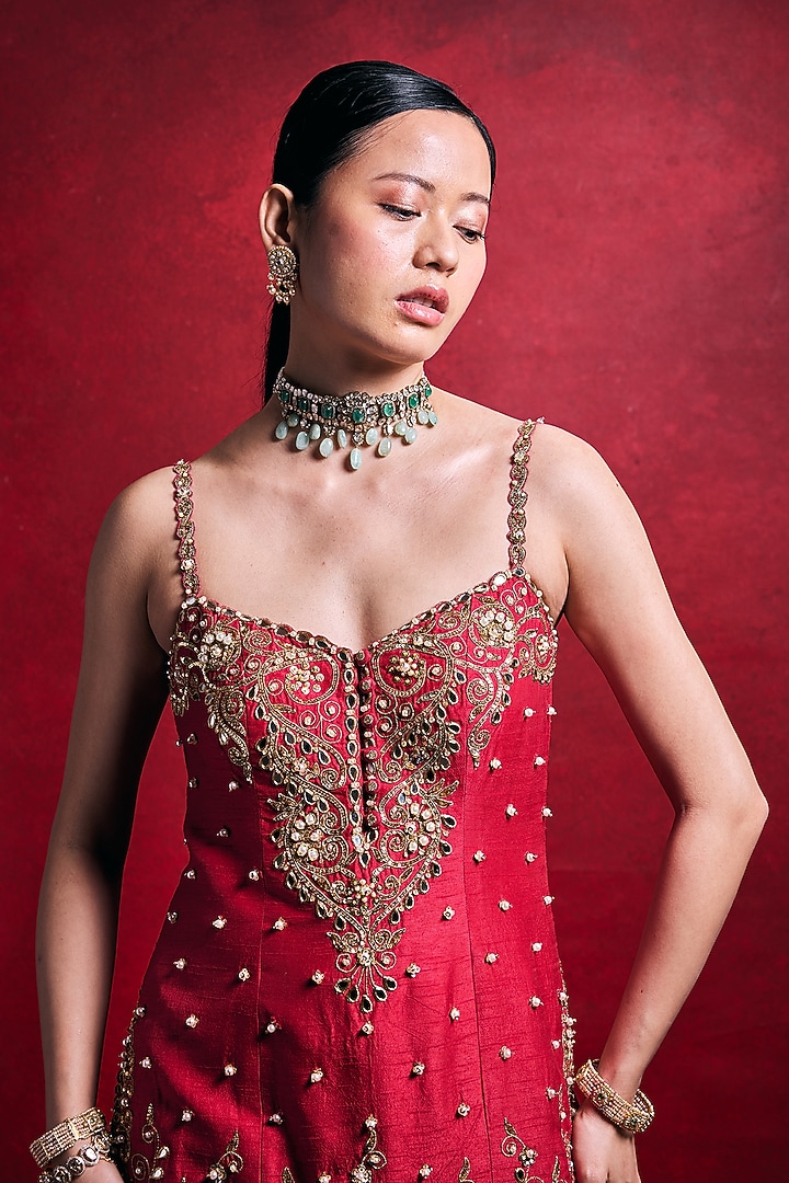 Red Raw Silk Zari Embroidered Bridal Sharara Set by Tamanna Punjabi Kapoor at Pernia's Pop Up Shop