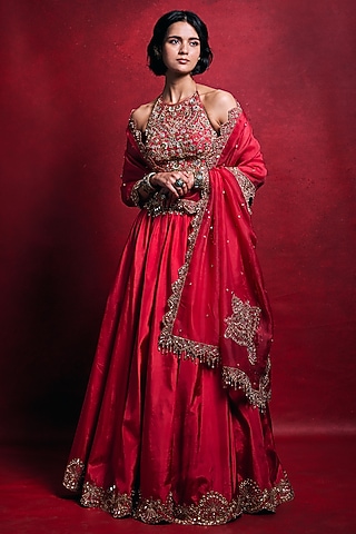 Fuchsia Pink Habutai Silk & Organza Zari Work Lehenga Set by Tamanna Punjabi Kapoor