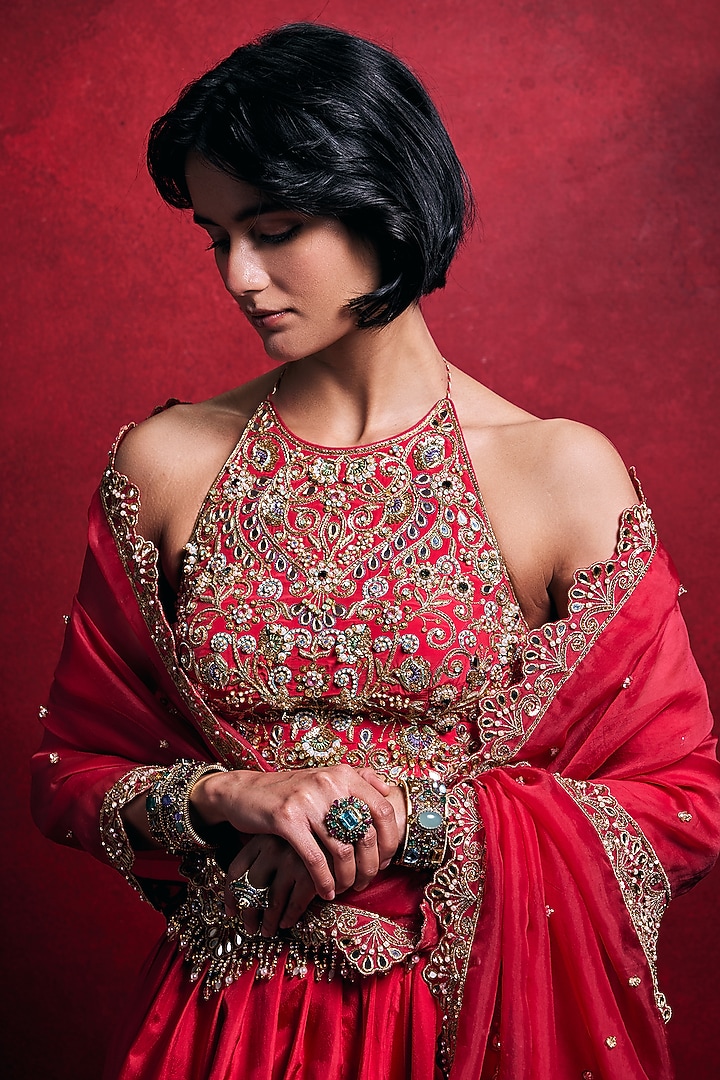Fuchsia Pink Habutai Silk & Organza Zari Work Bridal Lehenga Set by Tamanna Punjabi Kapoor at Pernia's Pop Up Shop