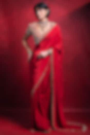 Red Crepe Zari Embroidered Reception Saree Set by Tamanna Punjabi Kapoor at Pernia's Pop Up Shop
