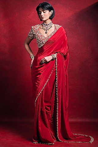 Red Crepe Zari Embroidered Saree Set by Tamanna Punjabi Kapoor
