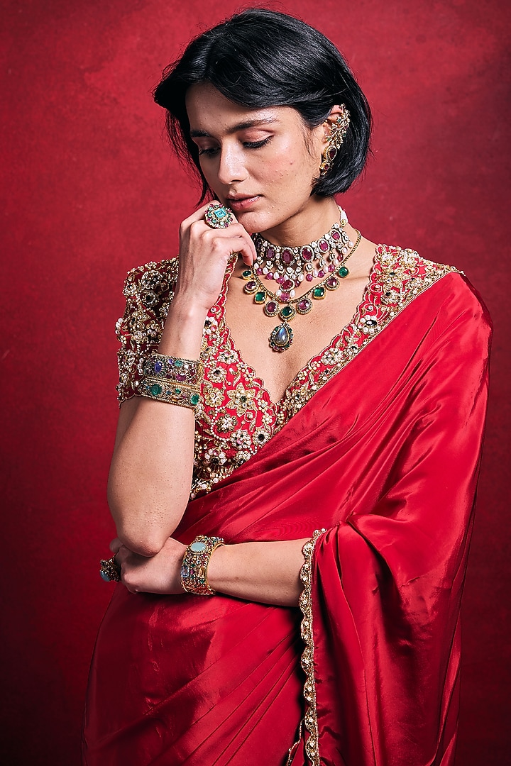 Red Crepe Zari Embroidered Reception Saree Set by Tamanna Punjabi Kapoor at Pernia's Pop Up Shop