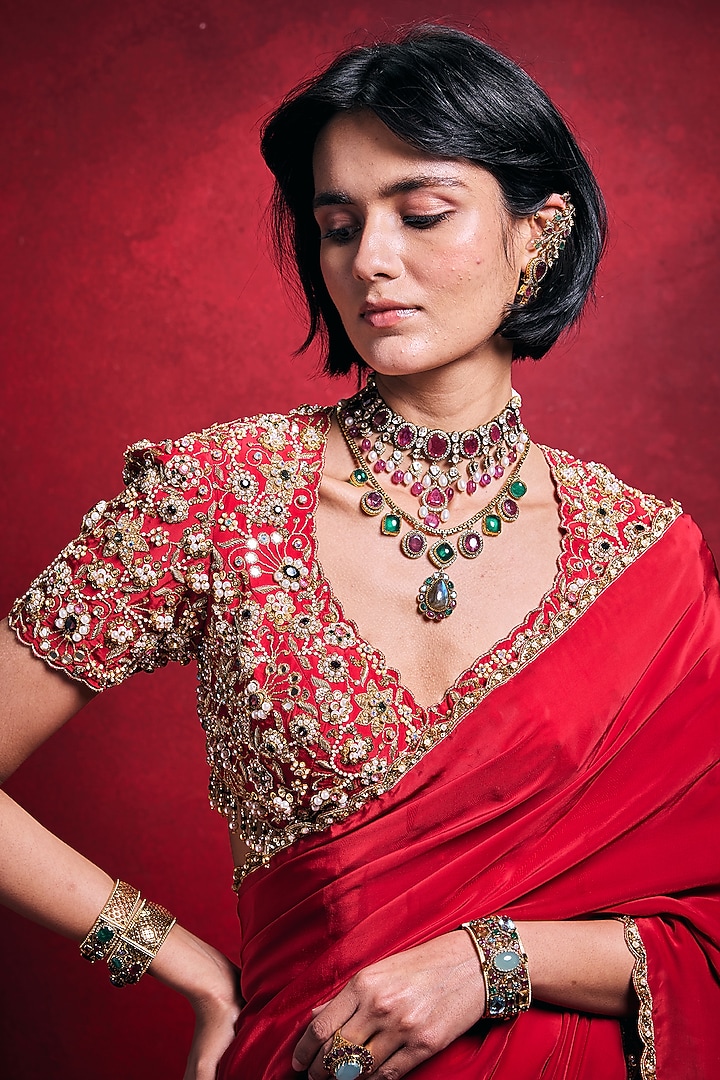 Red Crepe Zari Embroidered Reception Saree Set by Tamanna Punjabi Kapoor at Pernia's Pop Up Shop