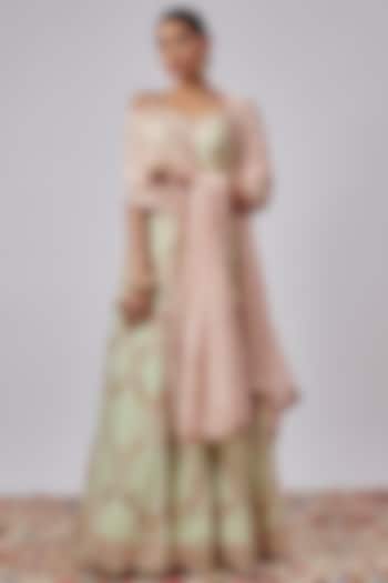 Light Green Georgette & Chanderi Silk Embroidered Bridal Sharara Set by Tamanna Punjabi Kapoor at Pernia's Pop Up Shop