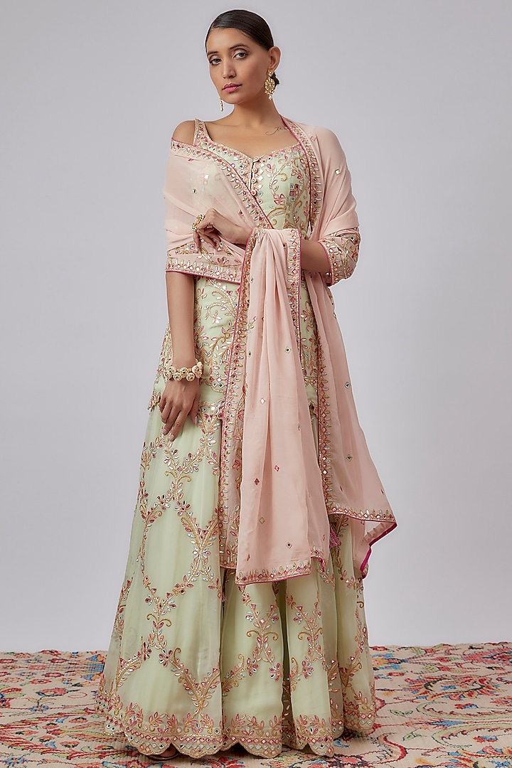 Light Green Georgette & Chanderi Silk Embroidered Bridal Sharara Set by Tamanna Punjabi Kapoor at Pernia's Pop Up Shop