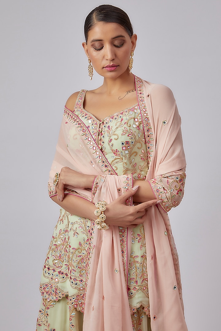 Light Green Georgette & Chanderi Silk Embroidered Bridal Sharara Set by Tamanna Punjabi Kapoor at Pernia's Pop Up Shop