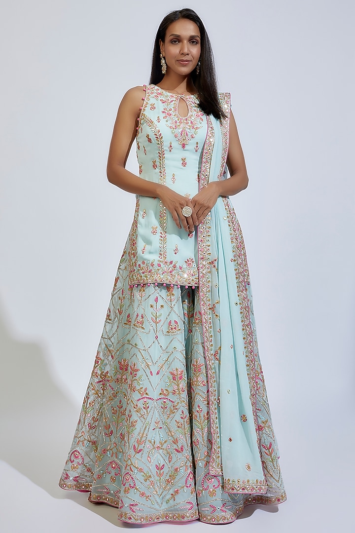 Blue Georgette Embroidered Bridal Sharara Set by Tamanna Punjabi Kapoor at Pernia's Pop Up Shop