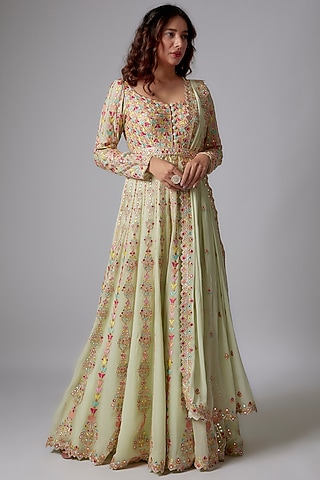 Lime Green Georgette Embroidered Anarkali Set by Tamanna Punjabi Kapoor