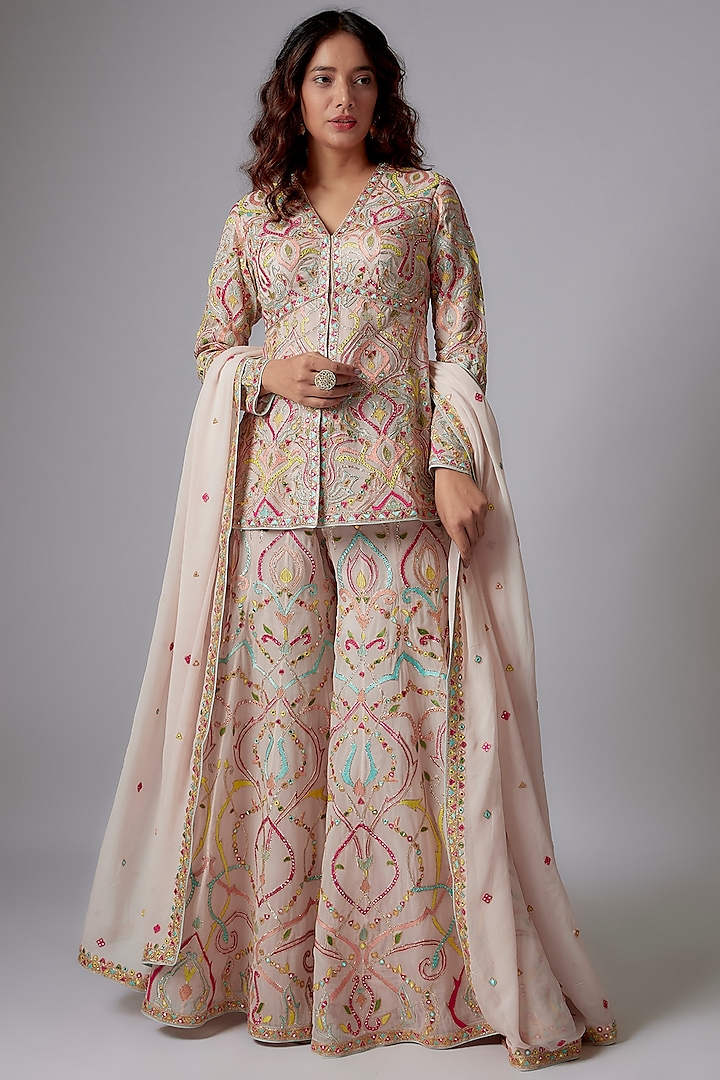 Pink Georgette Embroidered Sharara Set by Tamanna Punjabi Kapoor