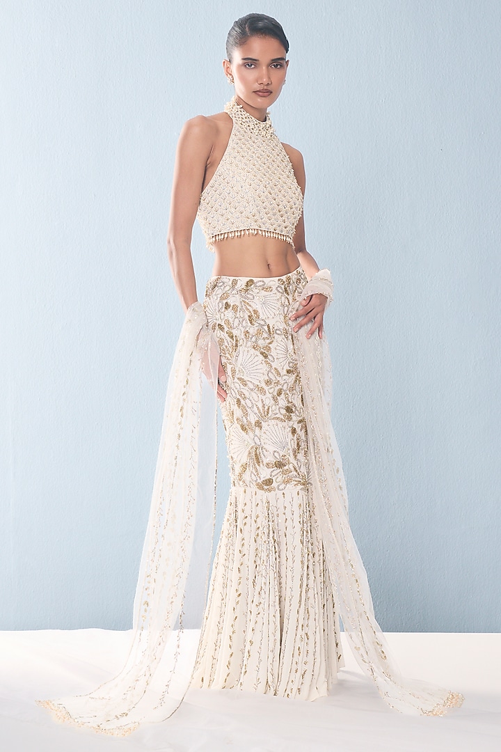 Ivory Georgette Sequins & Beads Embroidered Bridal Lehenga Set by Tamanna Punjabi Kapoor at Pernia's Pop Up Shop