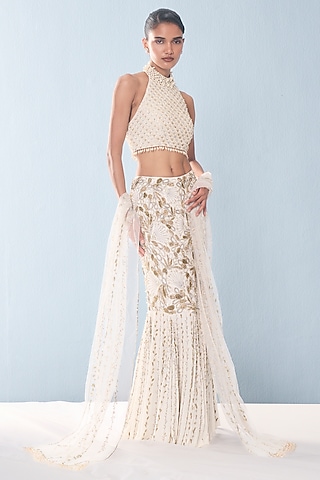Ivory Georgette Sequins & Beads Embroidered Lehenga Set by Tamanna Punjabi Kapoor