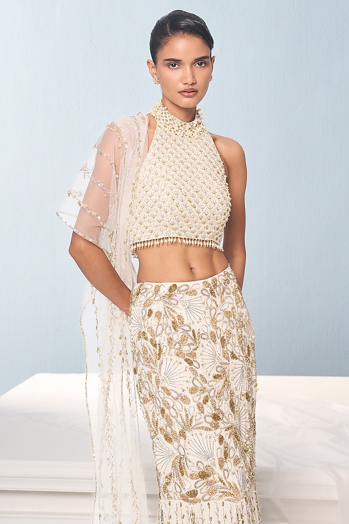 Ivory Georgette Sequins & Beads Embroidered Bridal Lehenga Set by Tamanna Punjabi Kapoor at Pernia's Pop Up Shop