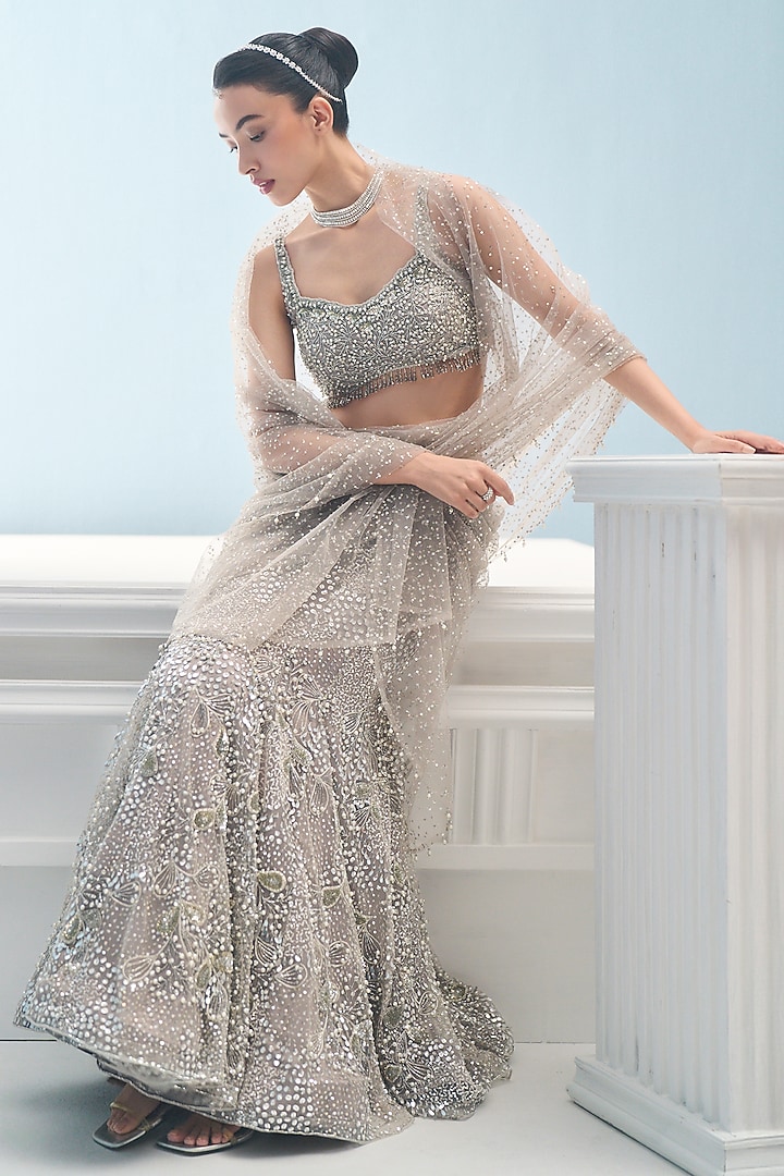Silver Grey Tulle Sequins Embroidered Draped Bridal Lehenga Set by Tamanna Punjabi Kapoor at Pernia's Pop Up Shop