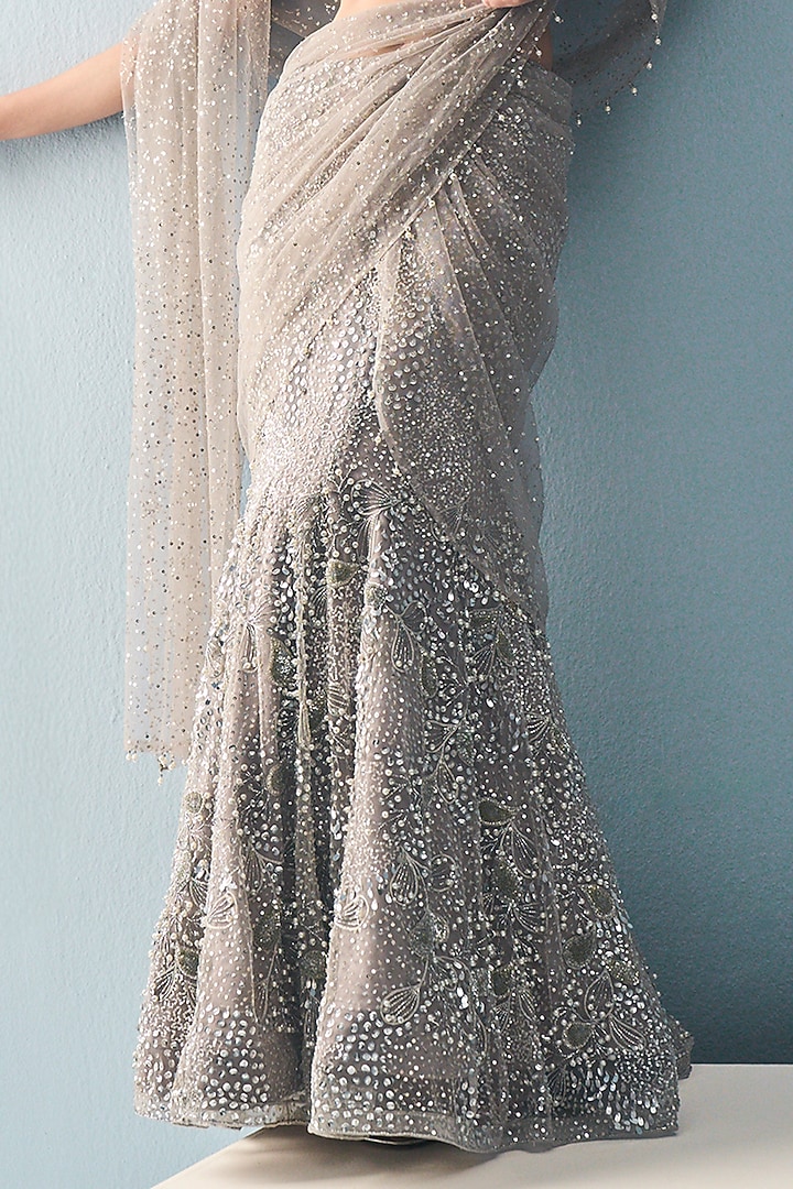 Silver Grey Tulle Sequins Embroidered Draped Bridal Lehenga Set by Tamanna Punjabi Kapoor at Pernia's Pop Up Shop