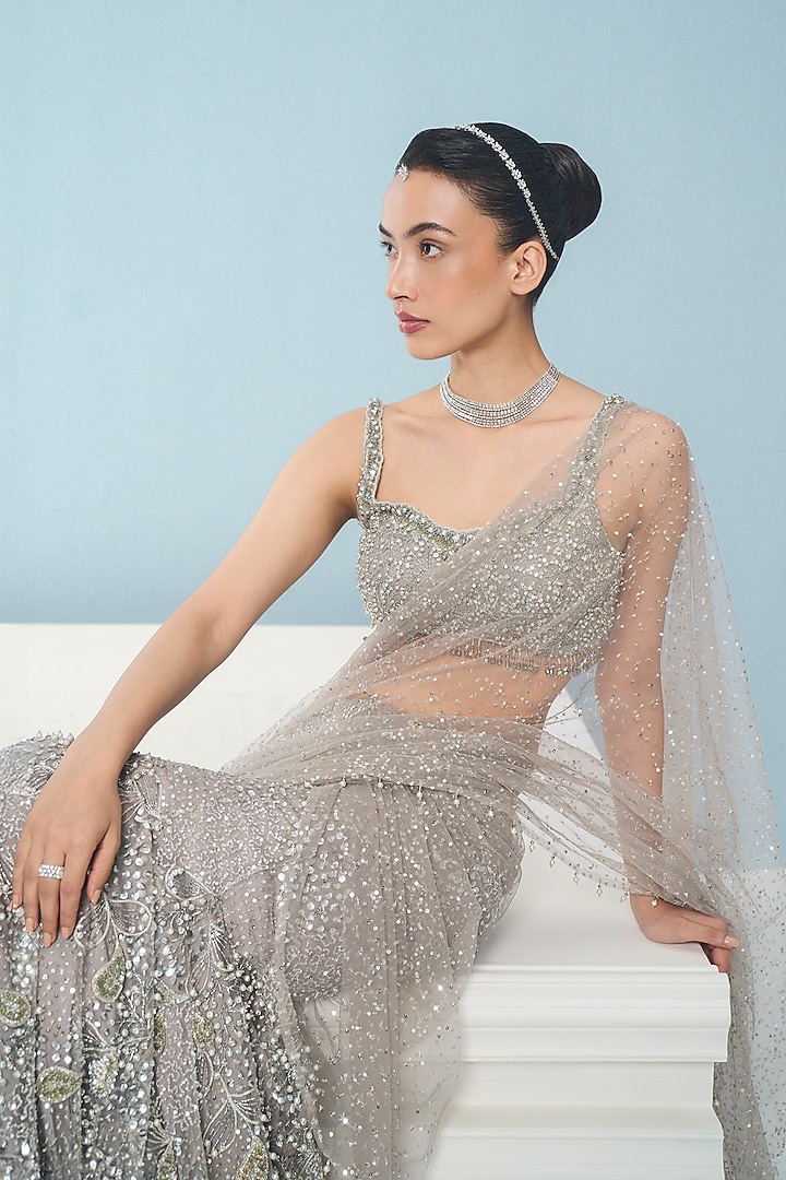 Silver Grey Tulle Sequins Embroidered Draped Bridal Lehenga Set by Tamanna Punjabi Kapoor at Pernia's Pop Up Shop