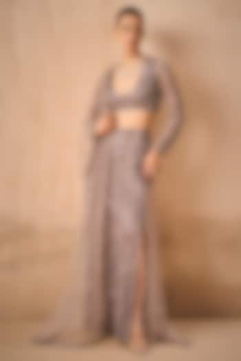 Lilac Tulle Sequins Embroidered Straight Skirt Set by Tamanna Punjabi Kapoor at Pernia's Pop Up Shop