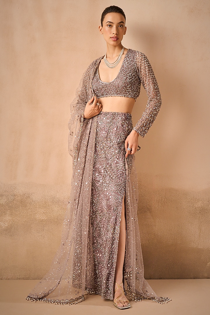 Lilac Tulle Sequins Embroidered Straight Skirt Set by Tamanna Punjabi Kapoor at Pernia's Pop Up Shop