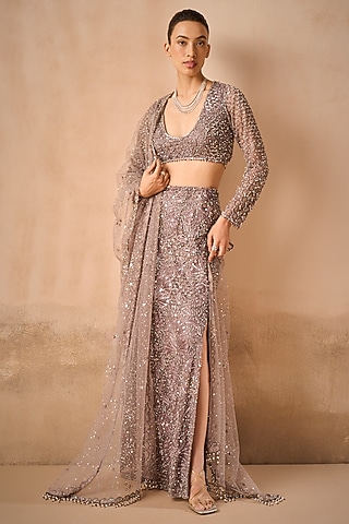 Lilac Tulle Sequins Embroidered Straight Skirt Set by Tamanna Punjabi Kapoor