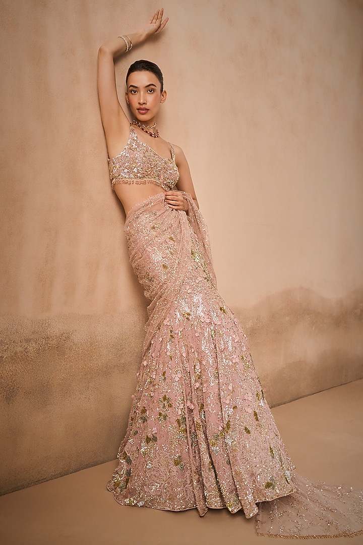 Rose Pink Georgette Sequins Embroidered Draped Bridal Lehenga Set by Tamanna Punjabi Kapoor at Pernia's Pop Up Shop