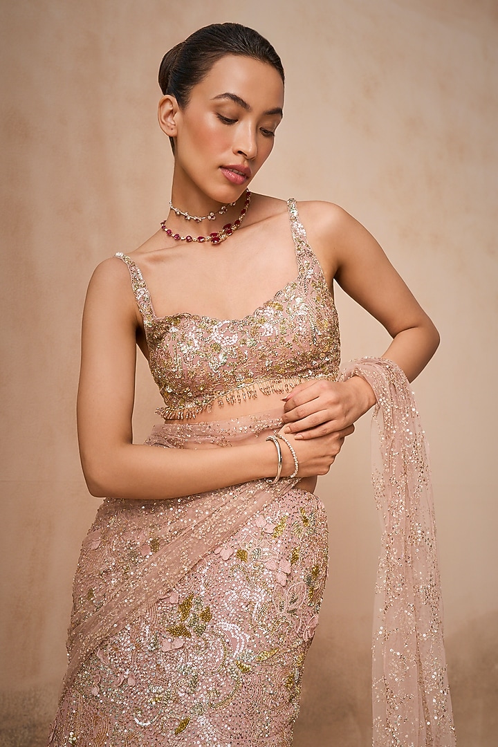 Rose Pink Georgette Sequins Embroidered Draped Bridal Lehenga Set by Tamanna Punjabi Kapoor at Pernia's Pop Up Shop