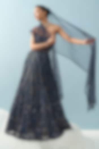 Navy Blue Tulle Sequins Embroidered Bridal Lehenga Set by Tamanna Punjabi Kapoor at Pernia's Pop Up Shop
