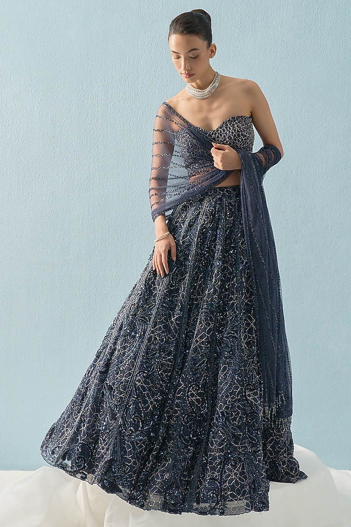Navy Blue Tulle Sequins Embroidered Bridal Lehenga Set by Tamanna Punjabi Kapoor at Pernia's Pop Up Shop