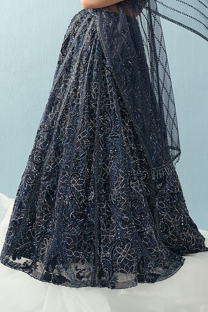 Navy Blue Tulle Sequins Embroidered Bridal Lehenga Set by Tamanna Punjabi Kapoor at Pernia's Pop Up Shop