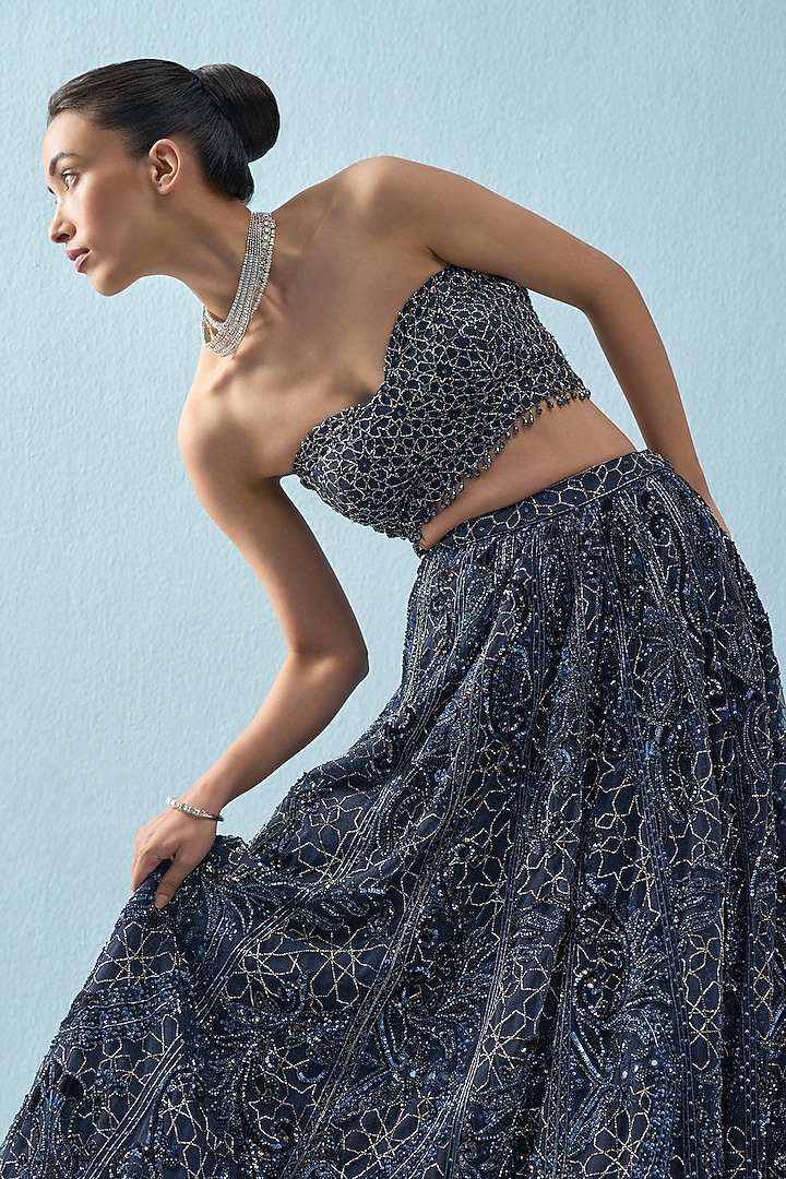 Navy Blue Tulle Sequins Embroidered Bridal Lehenga Set by Tamanna Punjabi Kapoor at Pernia's Pop Up Shop