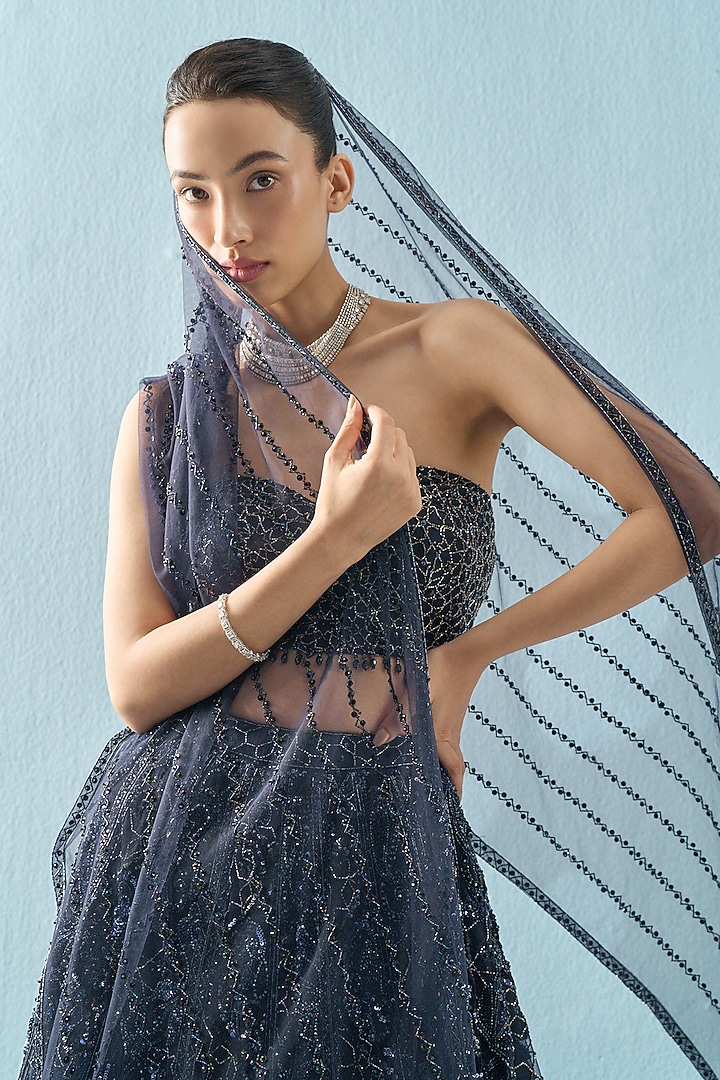 Navy Blue Tulle Sequins Embroidered Bridal Lehenga Set by Tamanna Punjabi Kapoor at Pernia's Pop Up Shop