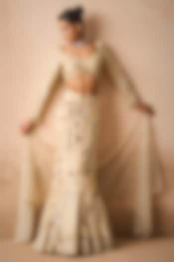 Ivory Georgette Sequins Embroidered Flared Bridal Lehenga Set by Tamanna Punjabi Kapoor at Pernia's Pop Up Shop