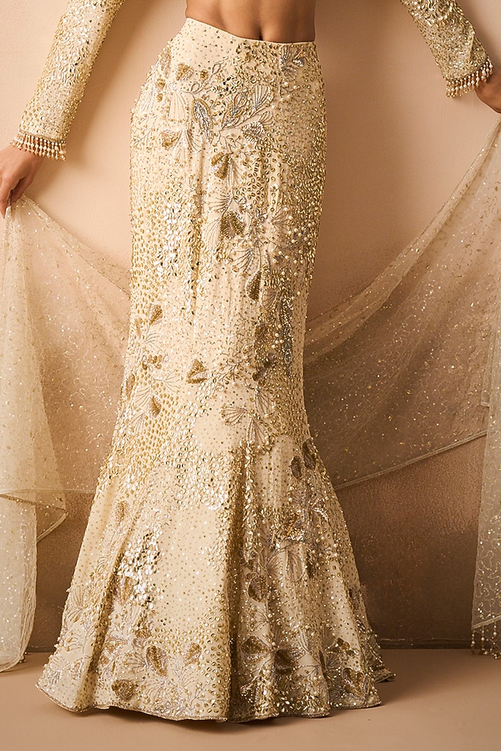 Ivory Georgette Sequins Embroidered Flared Bridal Lehenga Set by Tamanna Punjabi Kapoor at Pernia's Pop Up Shop