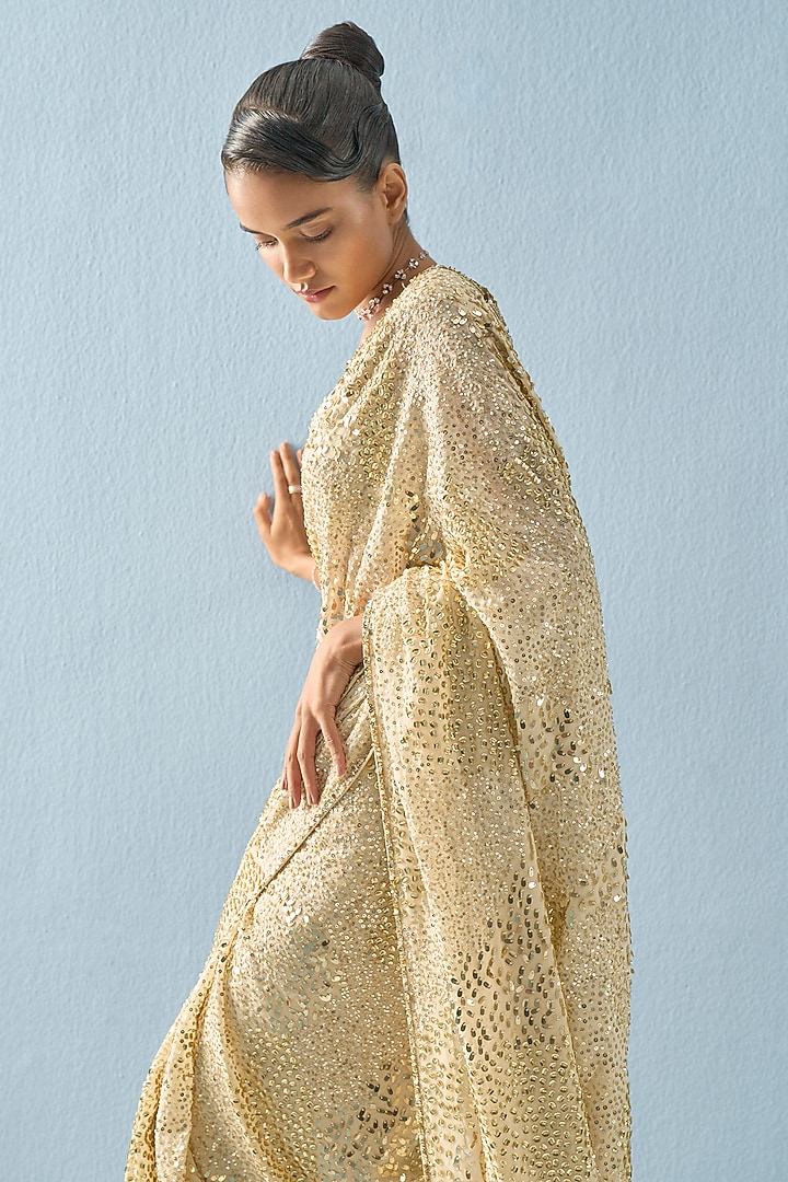 Ivory Georgette Sequins Embroidered Bridal Saree Set by Tamanna Punjabi Kapoor at Pernia's Pop Up Shop