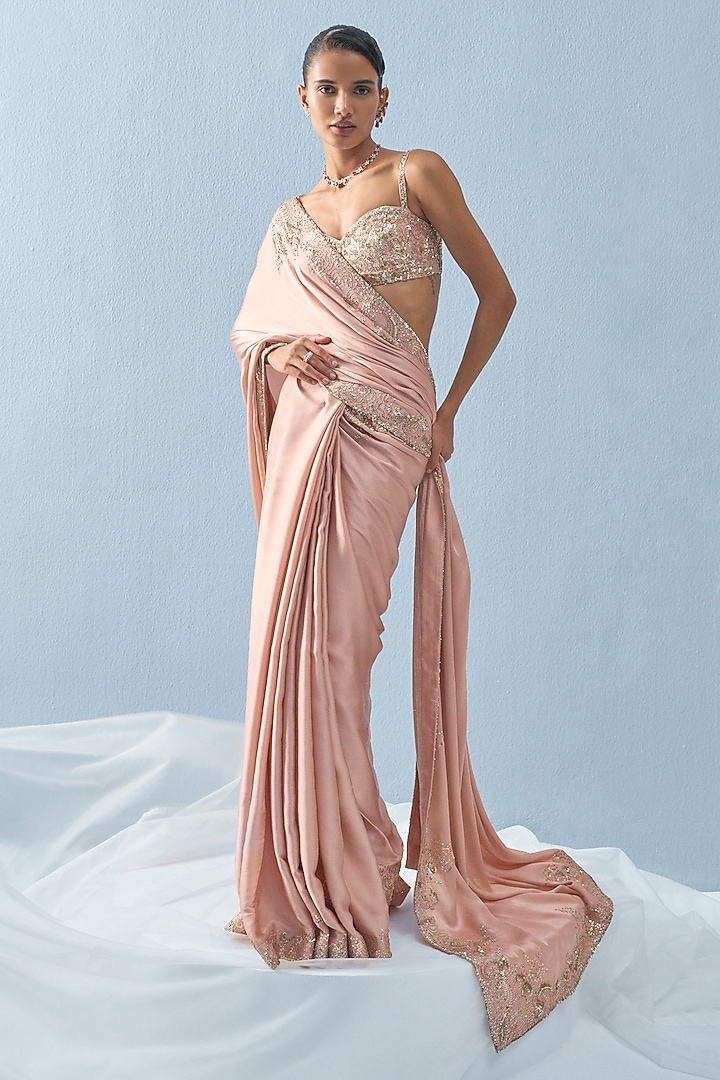 Nude Pink Satin Sequins Embroidered Reception Saree Set by Tamanna Punjabi Kapoor at Pernia's Pop Up Shop