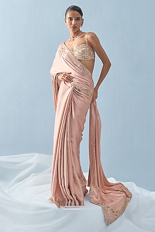 Nude Pink Satin Sequins Embroidered Saree Set by Tamanna Punjabi Kapoor