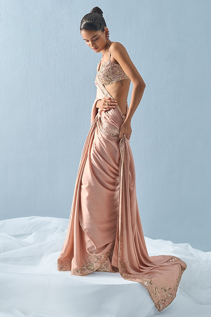 Nude Pink Satin Sequins Embroidered Reception Saree Set by Tamanna Punjabi Kapoor at Pernia's Pop Up Shop