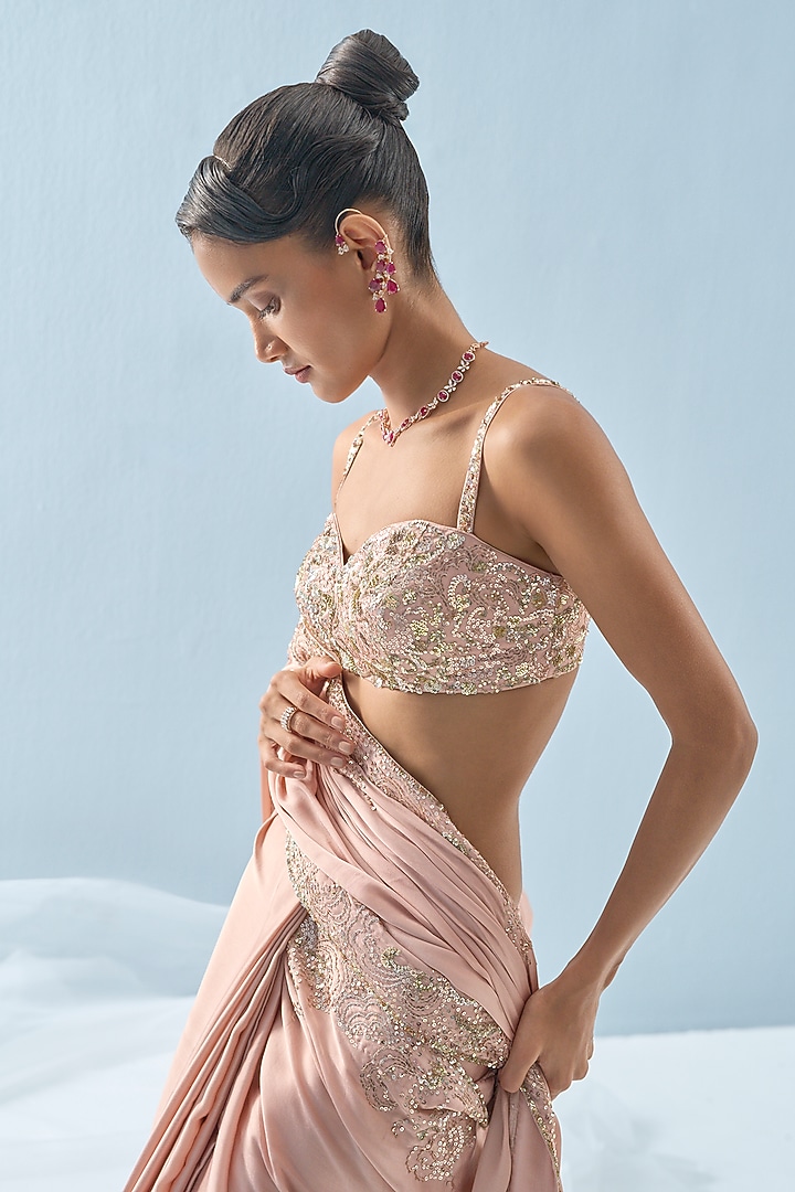 Nude Pink Satin Sequins Embroidered Reception Saree Set by Tamanna Punjabi Kapoor at Pernia's Pop Up Shop