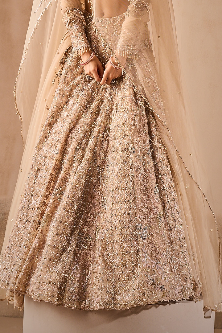 Beige Nude Georgette Sequins Embroidered Bridal Lehenga Set by Tamanna Punjabi Kapoor at Pernia's Pop Up Shop