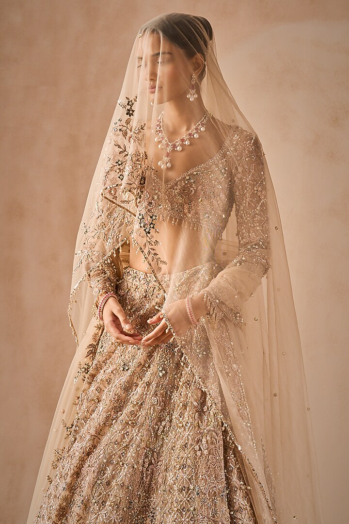 Beige Nude Georgette Sequins Embroidered Bridal Lehenga Set by Tamanna Punjabi Kapoor at Pernia's Pop Up Shop