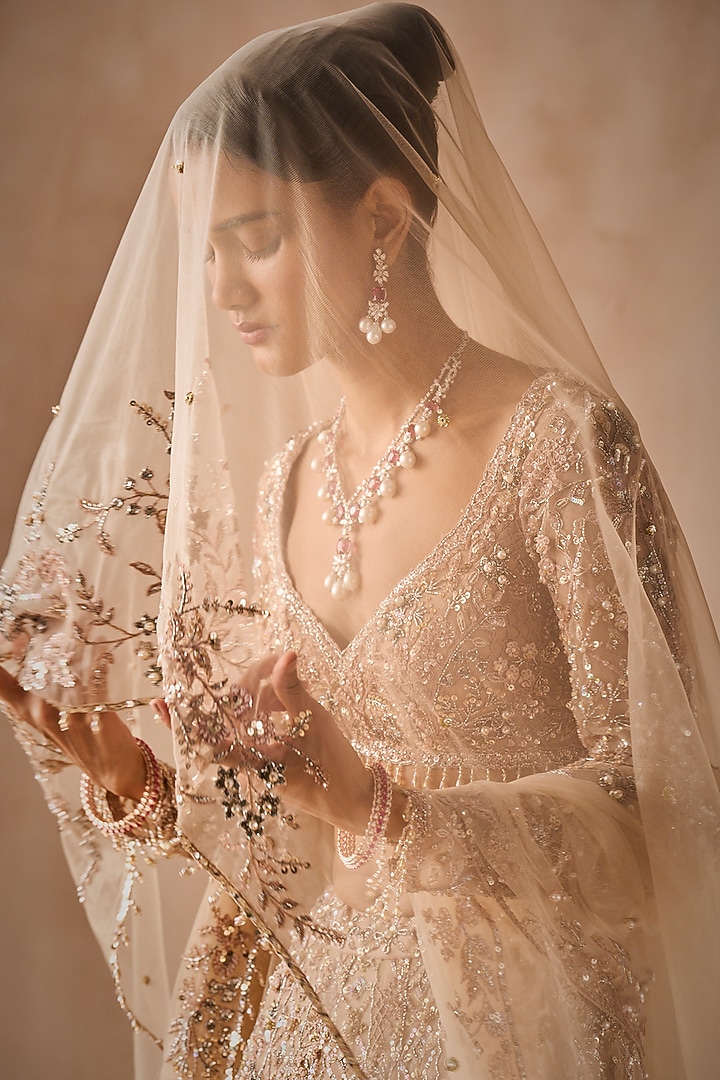 Beige Nude Georgette Sequins Embroidered Bridal Lehenga Set by Tamanna Punjabi Kapoor at Pernia's Pop Up Shop