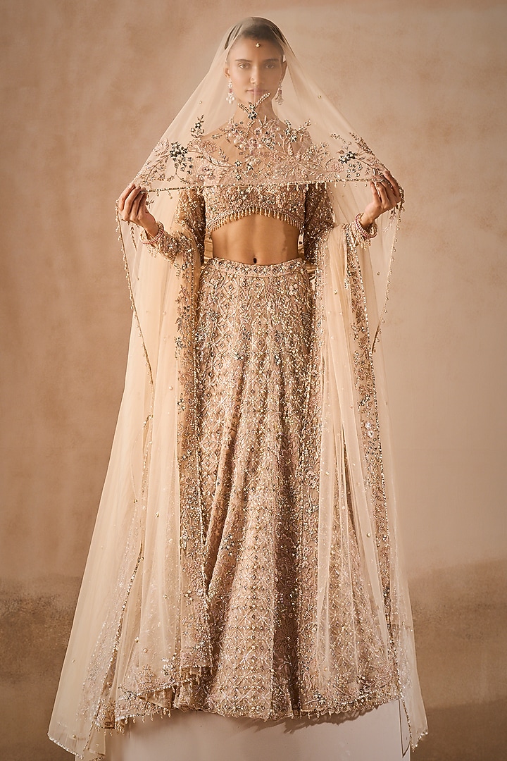 Beige Nude Georgette Sequins Embroidered Bridal Lehenga Set by Tamanna Punjabi Kapoor at Pernia's Pop Up Shop
