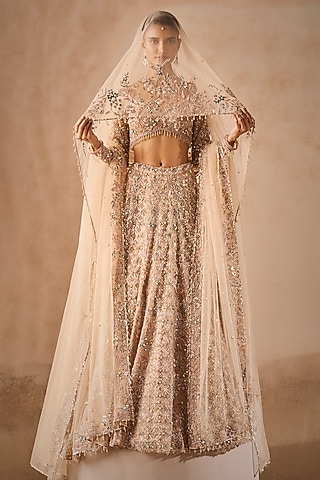 Beige Nude Georgette Sequins Embroidered Lehenga Set by Tamanna Punjabi Kapoor