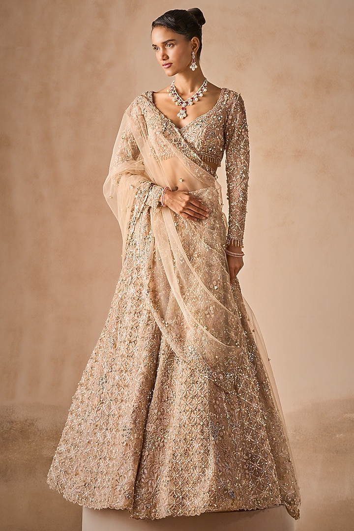 Beige Nude Georgette Sequins Embroidered Bridal Lehenga Set by Tamanna Punjabi Kapoor at Pernia's Pop Up Shop