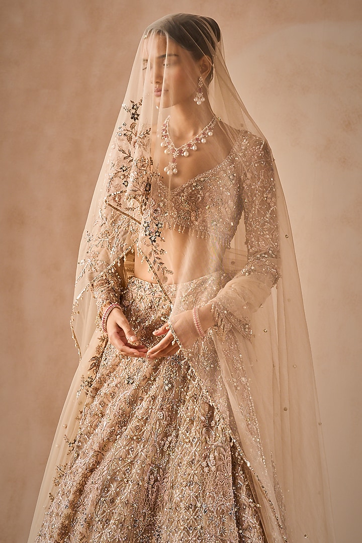 Beige Nude Georgette Sequins Embroidered Bridal Lehenga Set by Tamanna Punjabi Kapoor at Pernia's Pop Up Shop